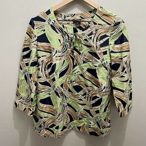 Talbots graphic blouse size 10 silk blend blue green lightweight